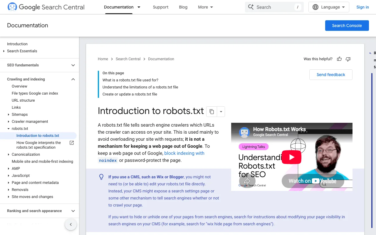 Google Search Central page introducing robots.txt files and what they control