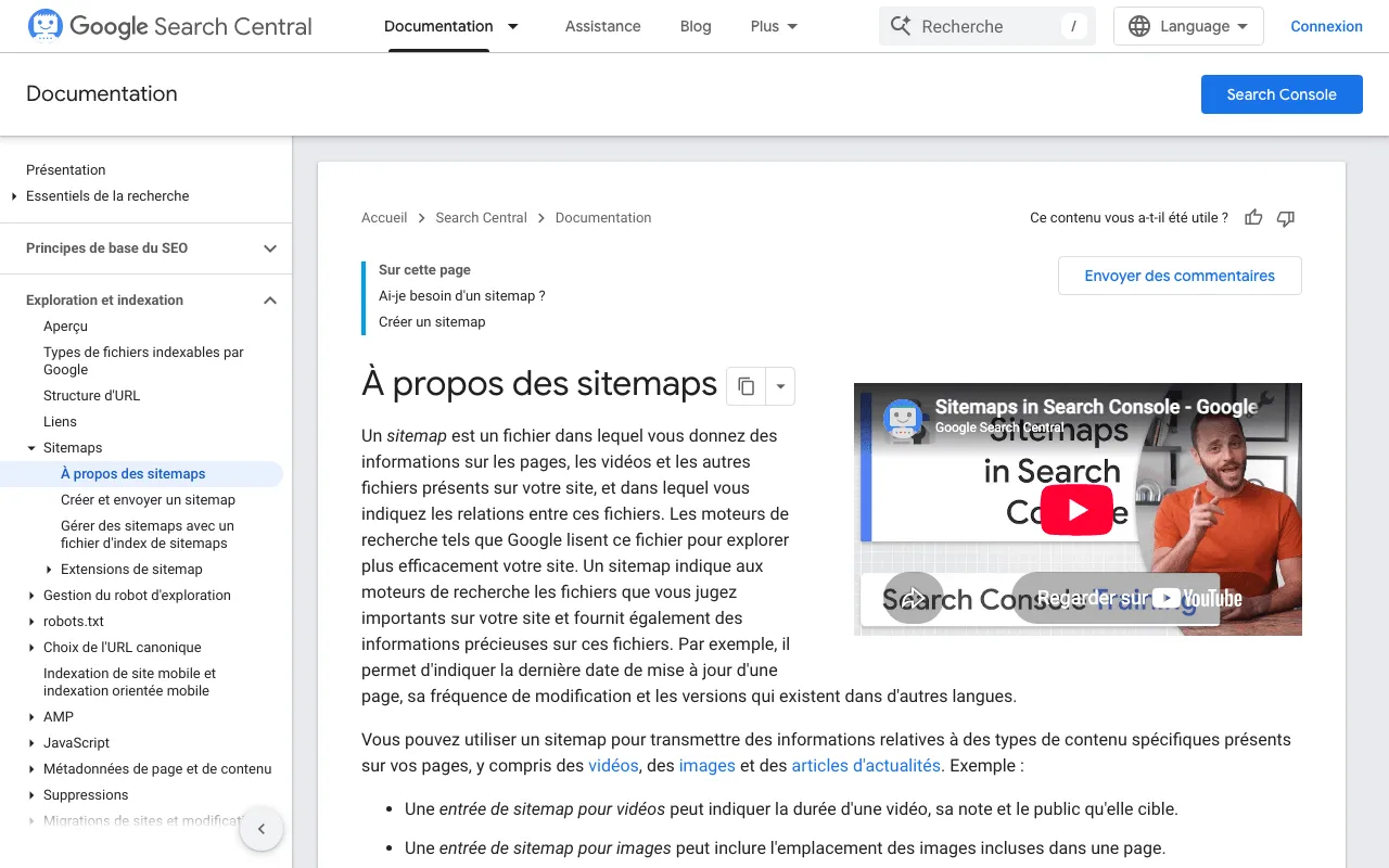 Page de Google Search Central qui explique ce qu'est un sitemap et quand en créer