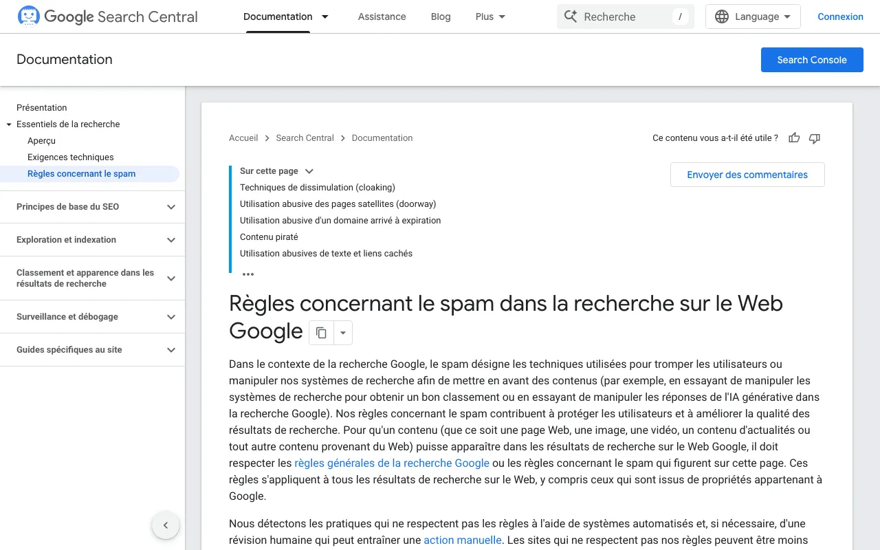 Page de Google Search Central qui décrit les règles contre le spam, dont les liens toxiques