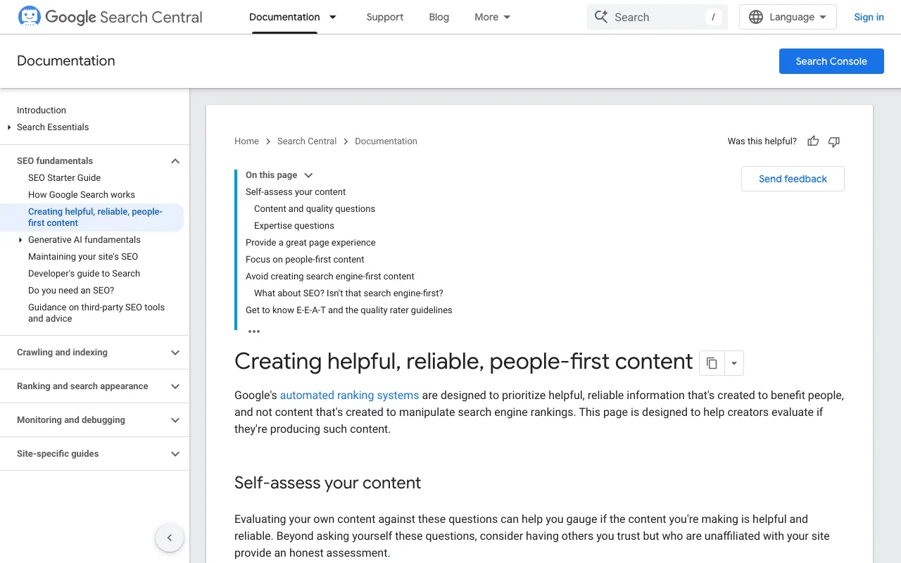 EEAT meaning explained by Google: its Search Central page on helpful, people-first content