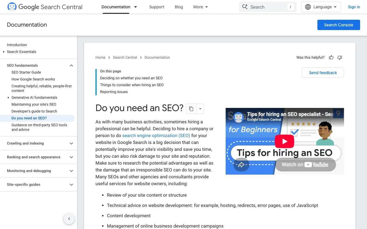 Google Search Central page with advice before hiring an SEO company