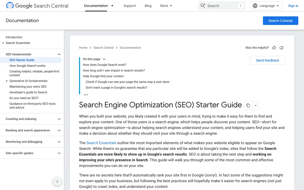 Website optimisation: Google Search Central page of the SEO Starter Guide for site owners