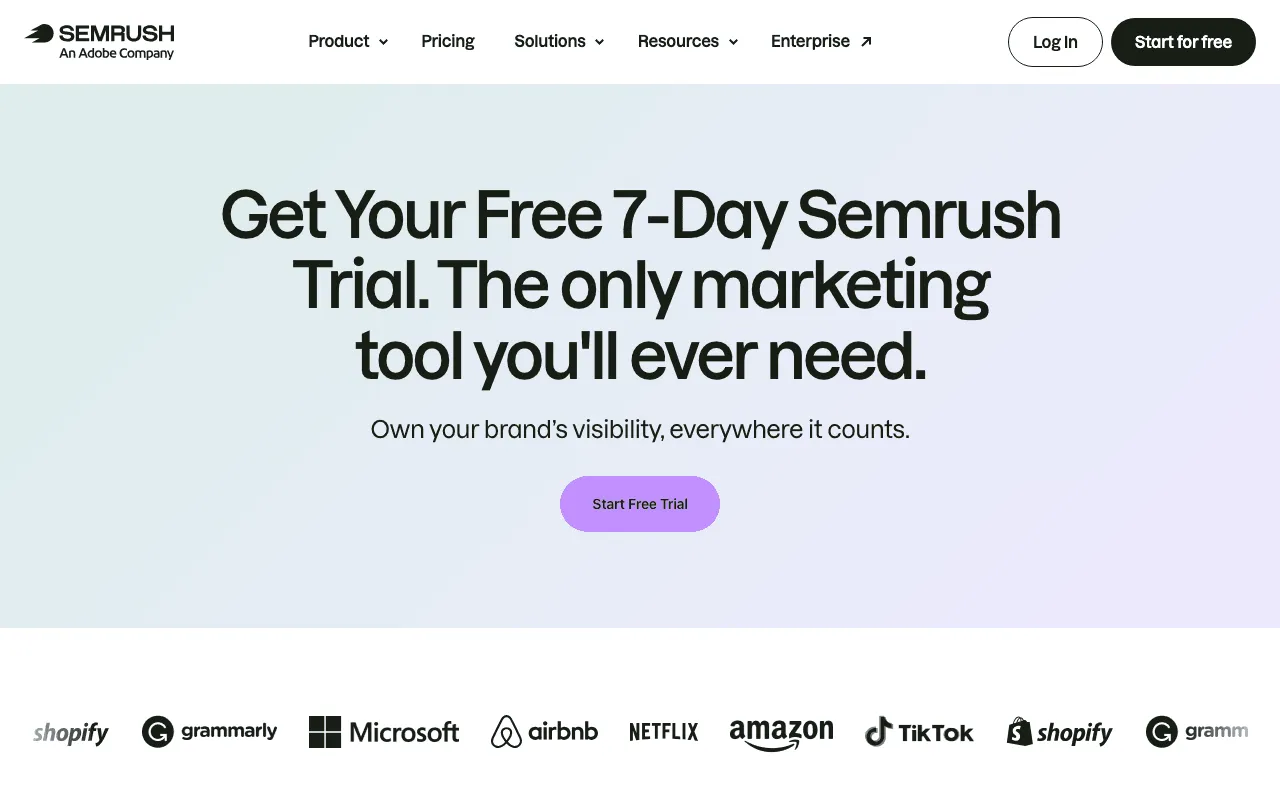 Semrush free trial page that explains how to start the trial