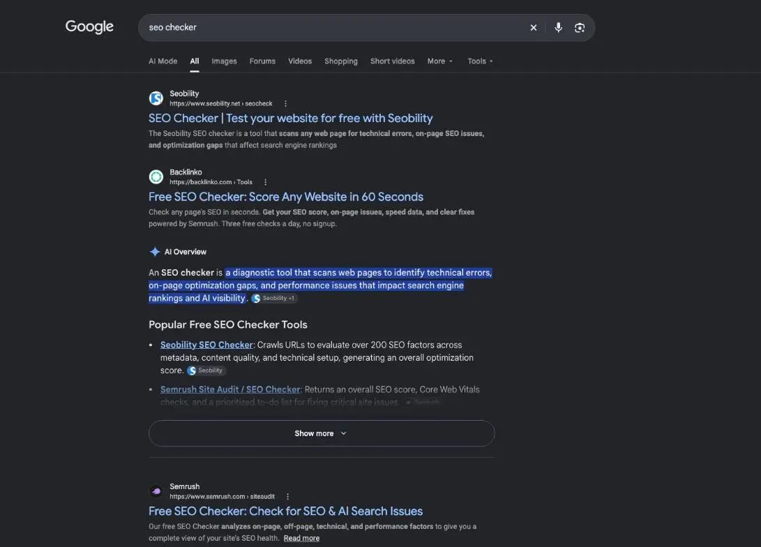 First page of Google results for seo checker, mostly free online checking tools