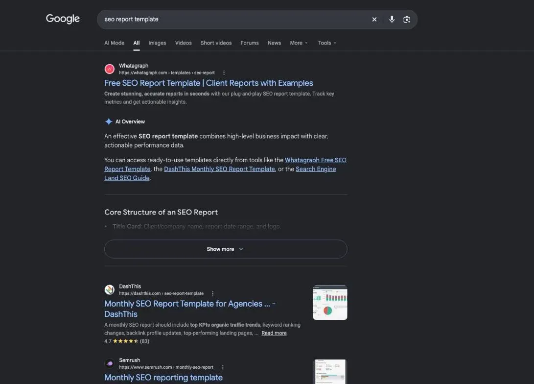 First page of Google results for seo report template, mostly lists of templates