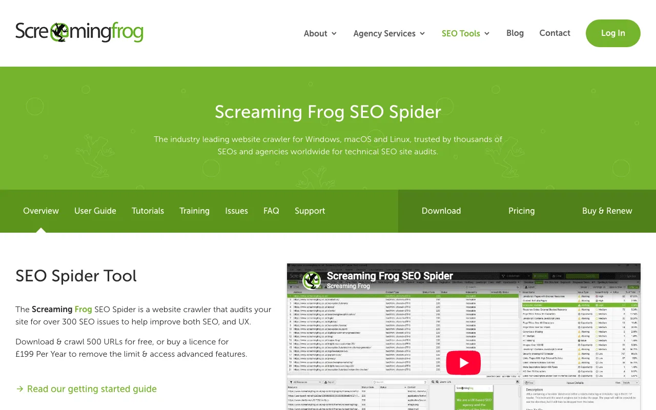 Page de présentation de Screaming Frog SEO Spider, logiciel qui parcourt les pages d’un site