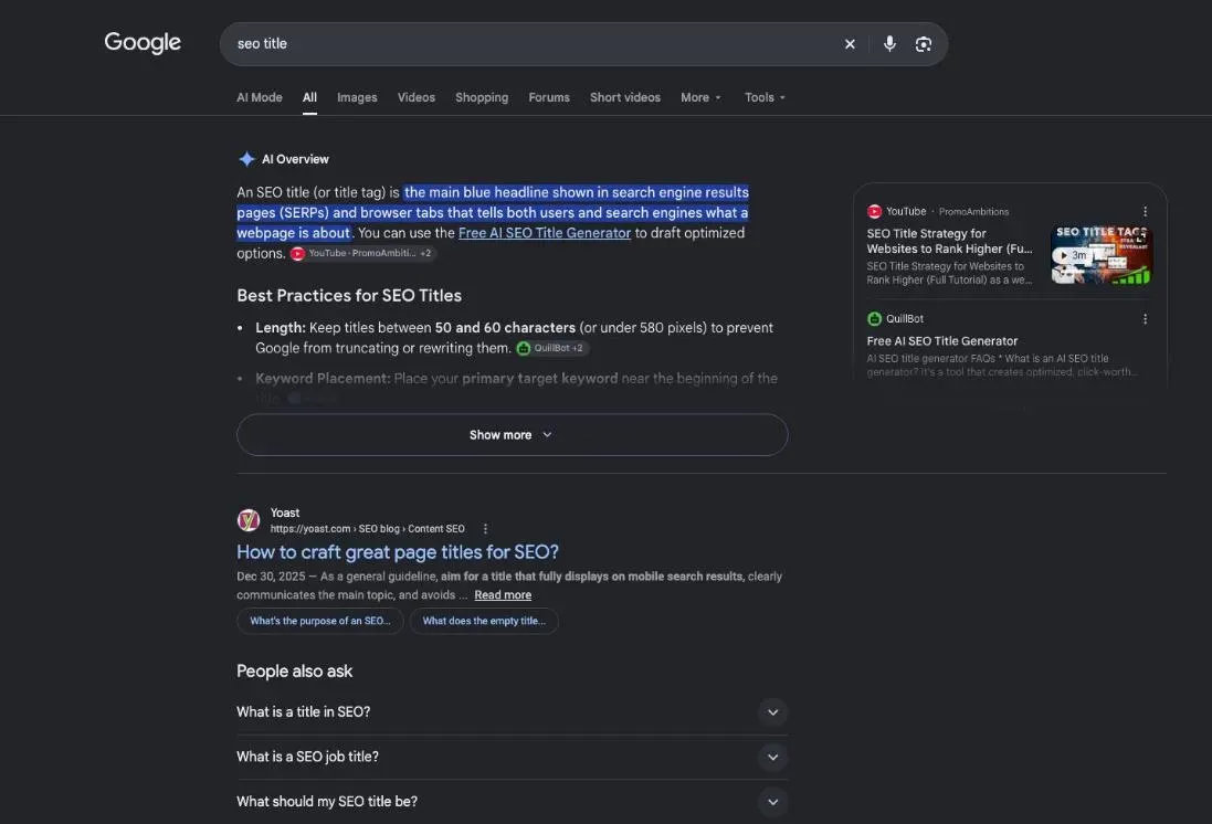 Google results for the search "seo title"