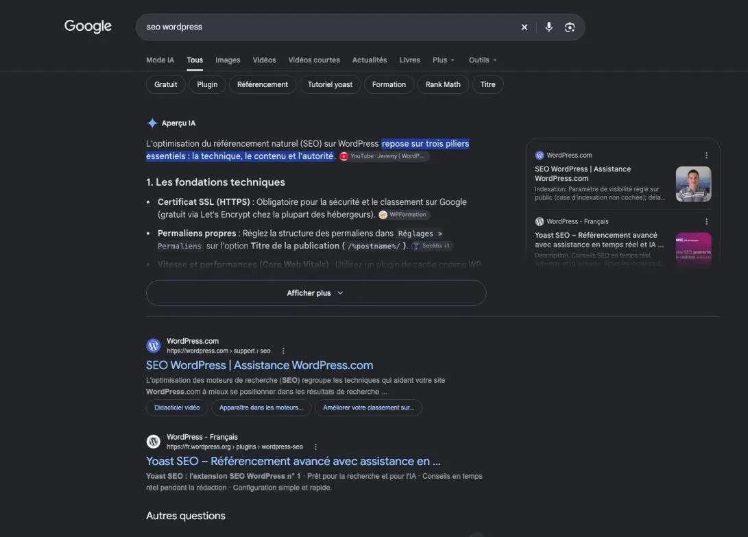 Résultats de Google pour la recherche « seo wordpress »