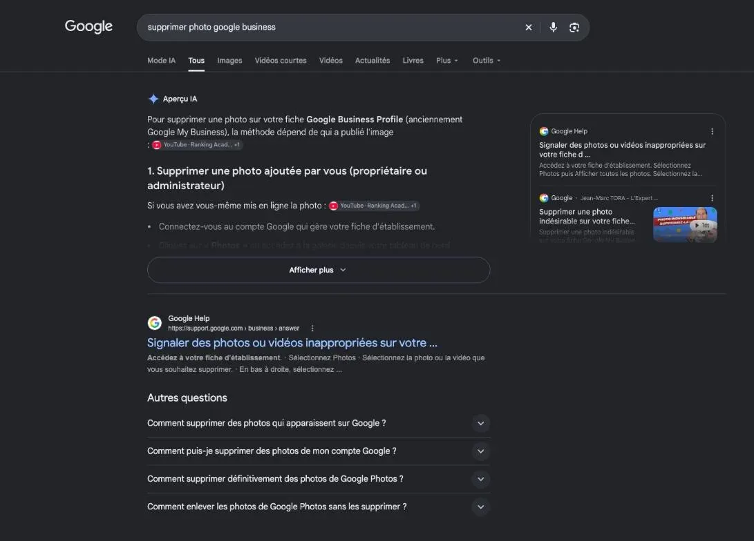 Résultats de Google pour la recherche « supprimer photo google business »