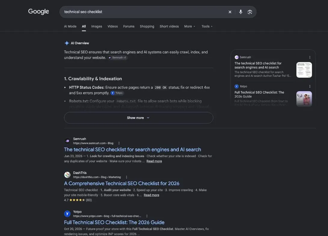 First page of Google results for technical seo checklist, mostly long guides