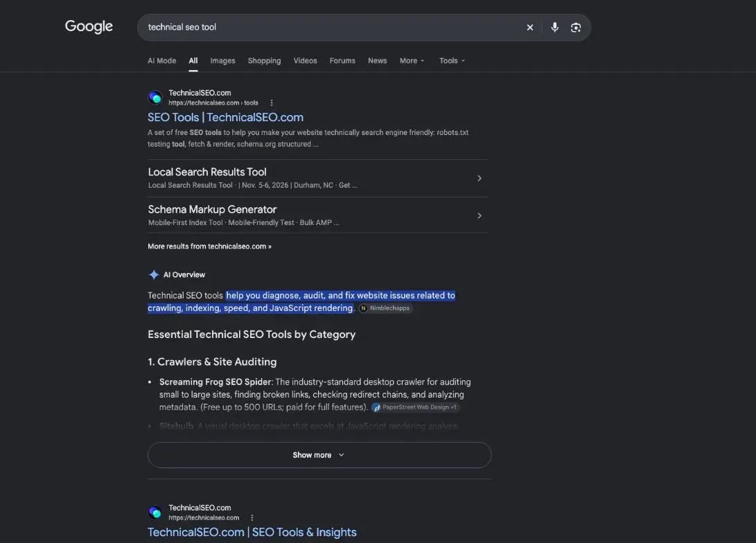 Google results for the search "technical seo tool"