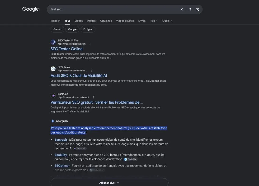 Première page de Google pour la recherche d'un test du référencement d'un site
