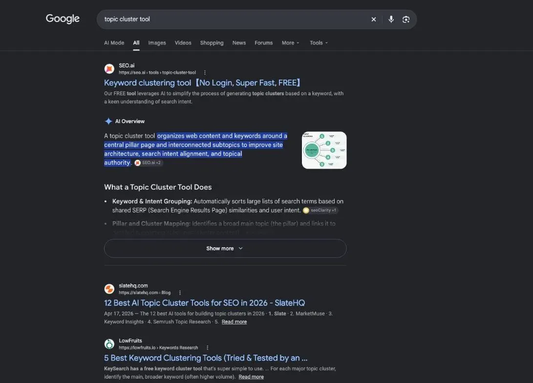 Google results for the search "topic cluster tool"