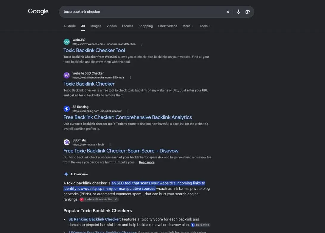 Google results for the search "toxic backlink checker"