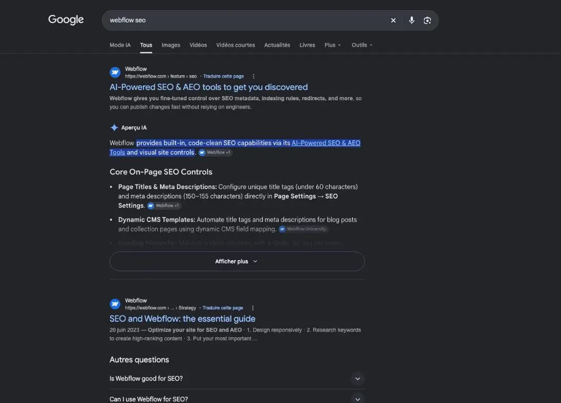 Résultats de Google pour la recherche « webflow seo »