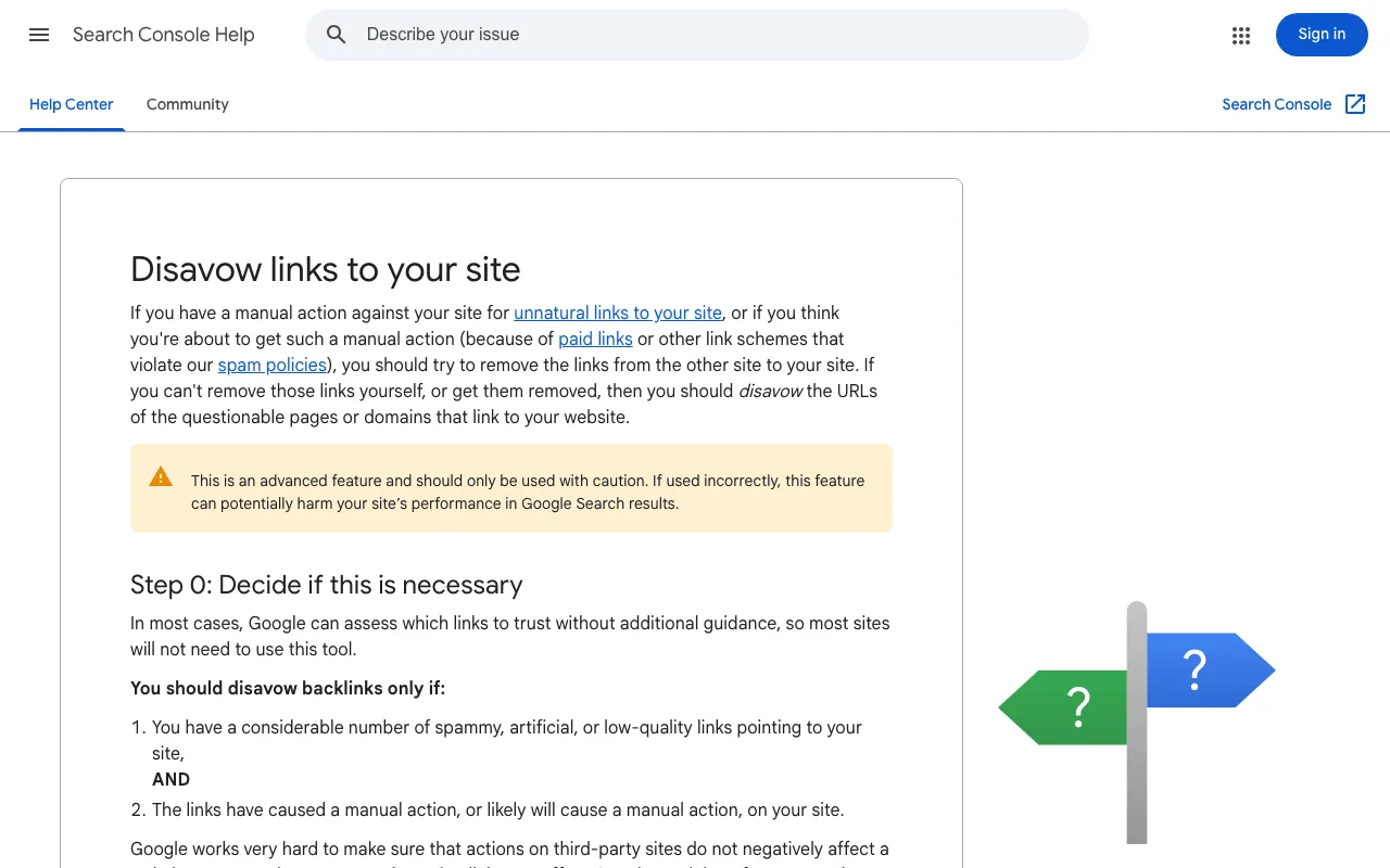 Google help page on disavowing links, warning that most sites will not need it