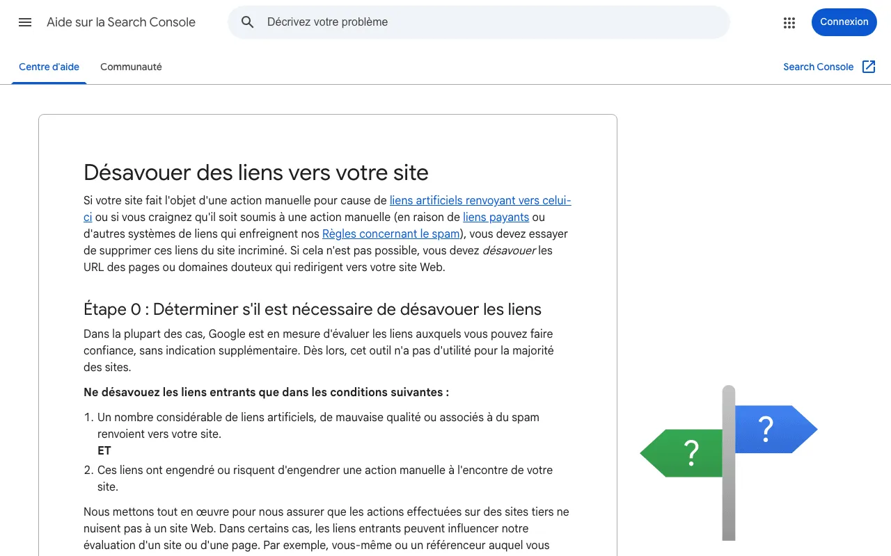 Page d'aide de la Search Console qui explique quand désavouer des liens vers son site