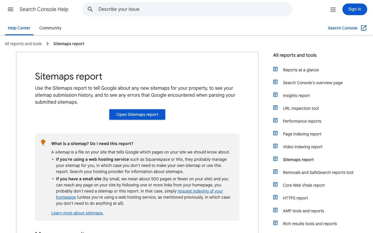 Google Search Console help page on the Sitemaps report and how to submit one