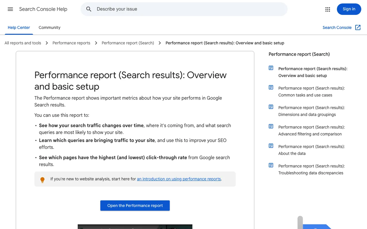 Google help page explaining the Search Console Performance report and its metrics