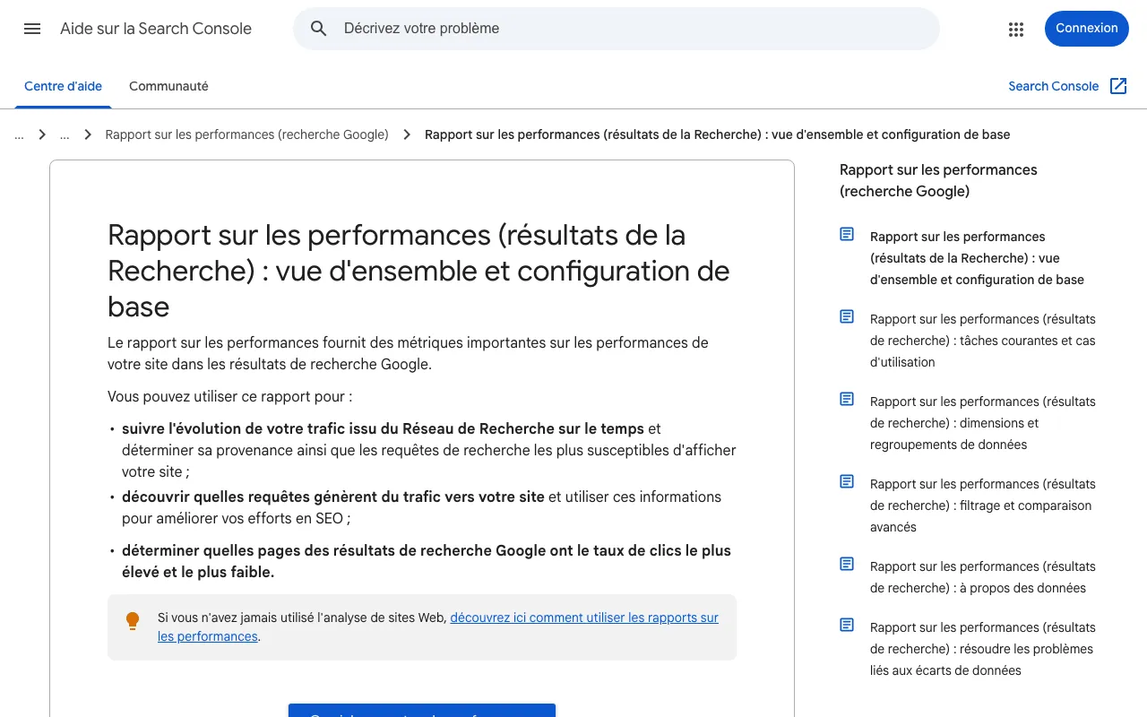 Page d'aide de Google qui explique le rapport de performance de la Search Console