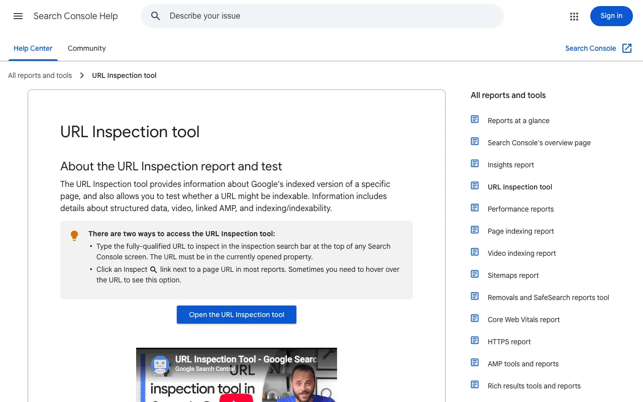 Search Console help page about the URL Inspection tool and the indexed version