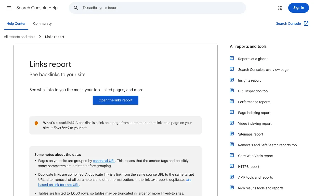 Search Console help page describing the Links report for internal and external links