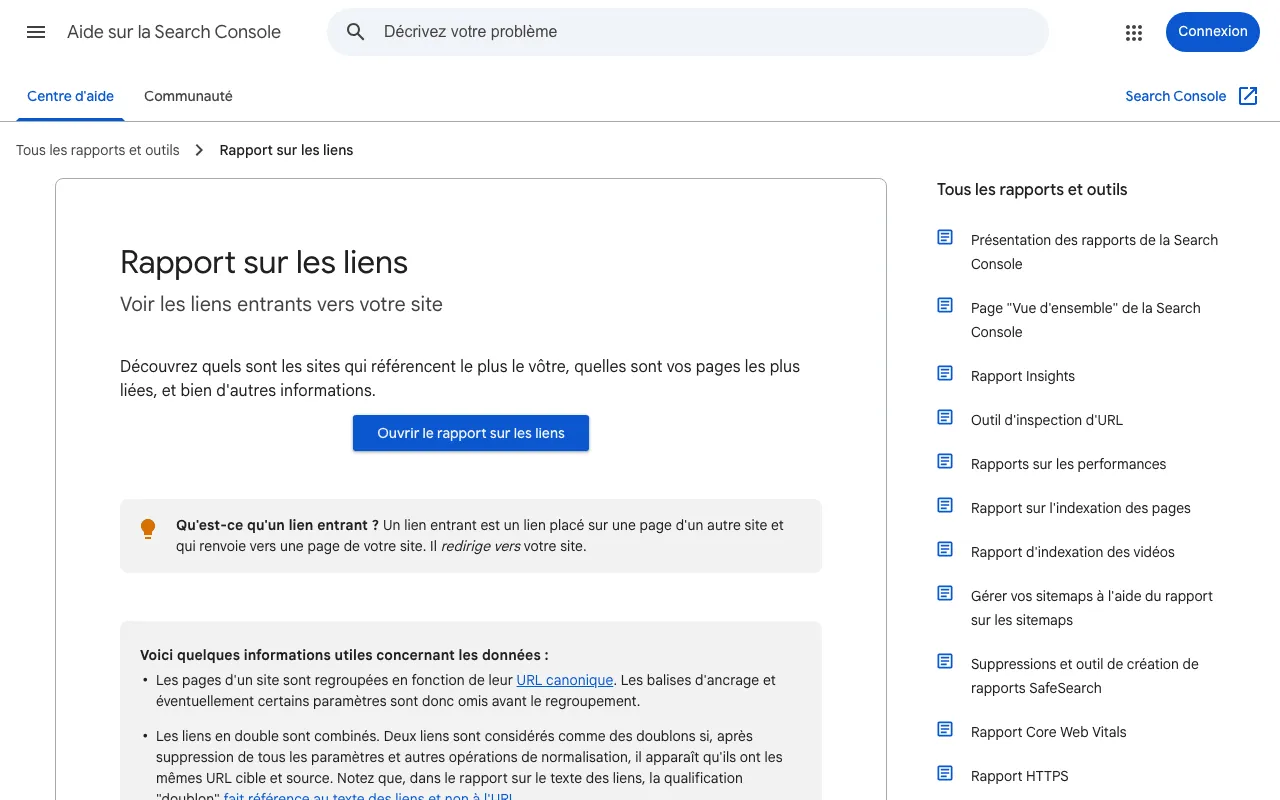 Page d'aide de Google sur le rapport des liens de la Search Console